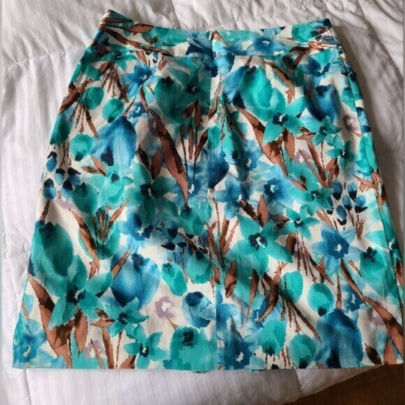 Laura Petites Floral Blue Green Front Slit Pocket Knee Length Midi Pencil Skirt - Picture 4 of 15